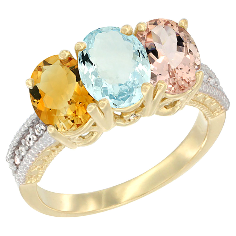 14K Yellow Gold Natural Citrine, Aquamarine & Morganite Ring 3-Stone 7x5 mm Oval Diamond Accent, sizes 5 - 10