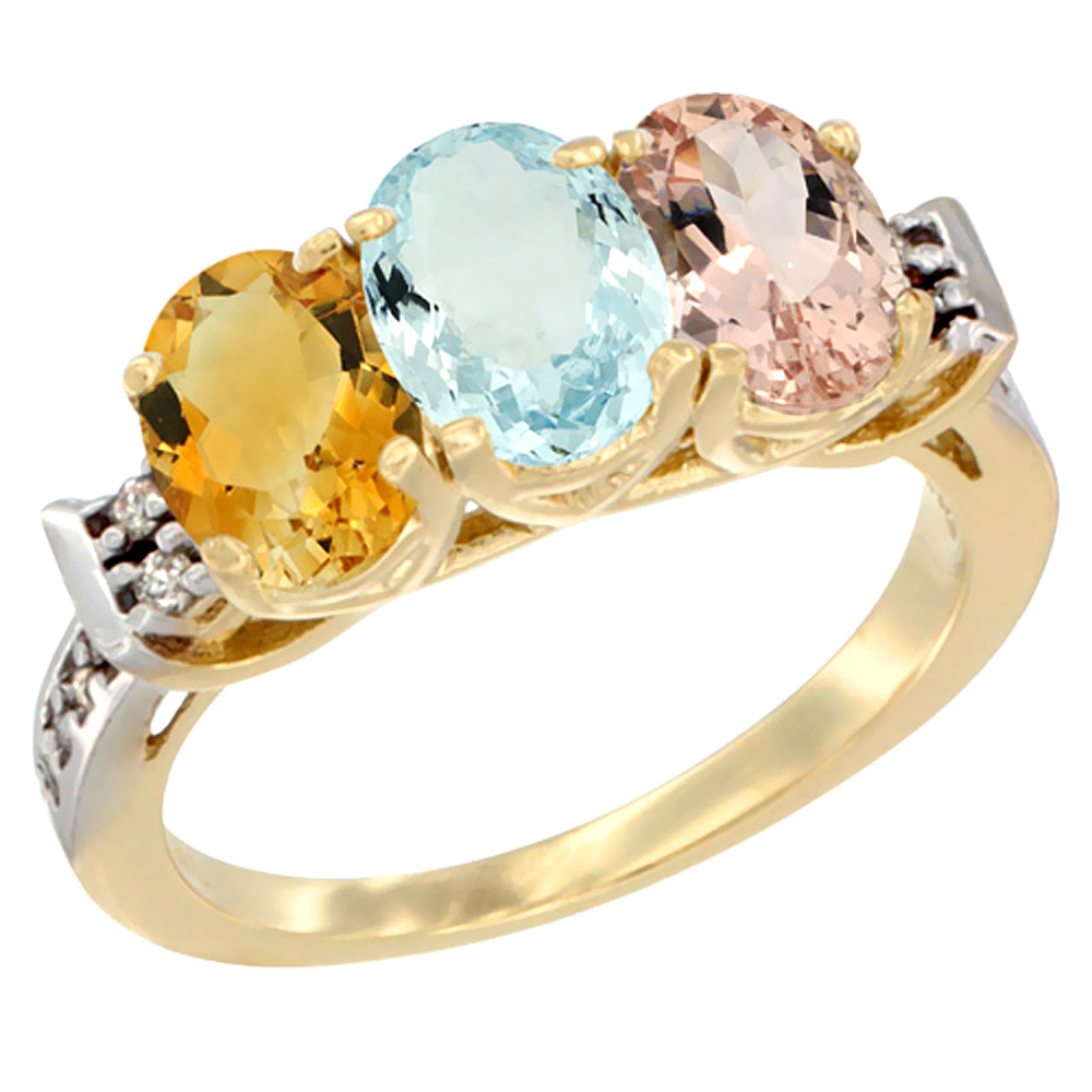 10K Yellow Gold Natural Citrine, Aquamarine &amp; Morganite Ring 3-Stone Oval 7x5 mm Diamond Accent, sizes 5 - 10