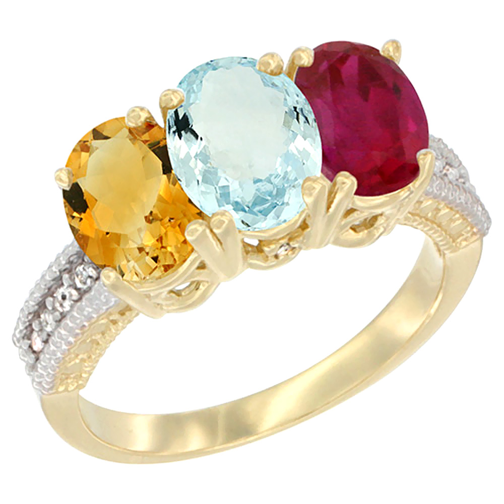 10K Yellow Gold Diamond Natural Citrine, Aquamarine & Enhanced Ruby Ring 3-Stone 7x5 mm Oval, sizes 5 - 10