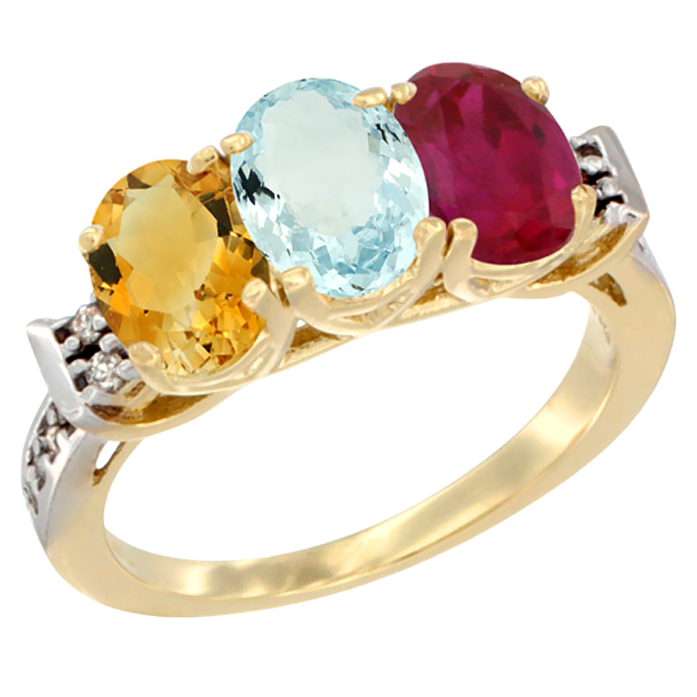 14K Yellow Gold Natural Citrine, Aquamarine & Enhanced Ruby Ring 3-Stone 7x5 mm Oval Diamond Accent, sizes 5 - 10