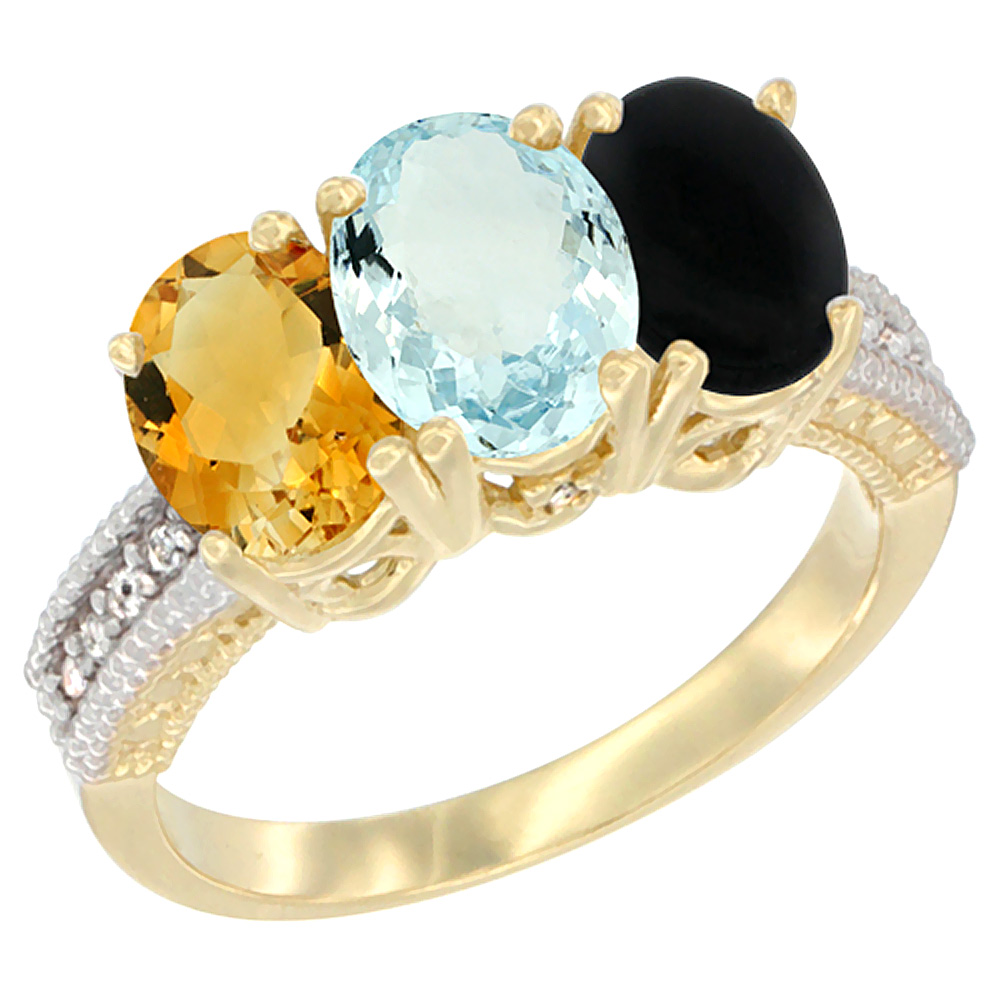 10K Yellow Gold Diamond Natural Citrine, Aquamarine & Black Onyx Ring 3-Stone 7x5 mm Oval, sizes 5 - 10