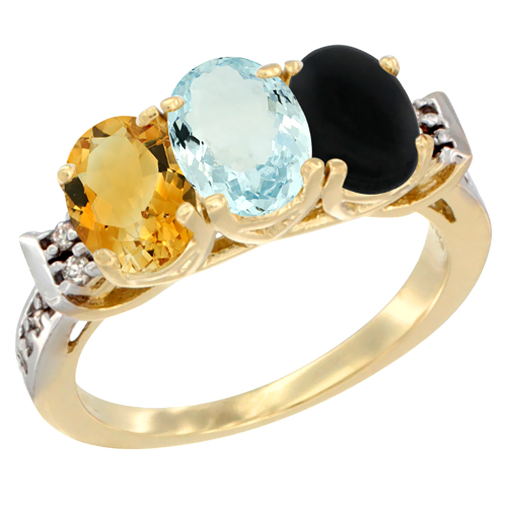 14K Yellow Gold Natural Citrine, Aquamarine & Black Onyx Ring 3-Stone 7x5 mm Oval Diamond Accent, sizes 5 - 10