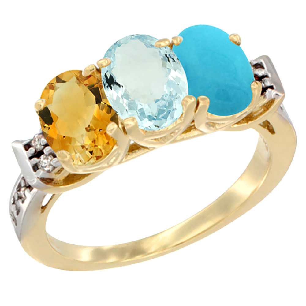 14K Yellow Gold Natural Citrine, Aquamarine & Turquoise Ring 3-Stone 7x5 mm Oval Diamond Accent, sizes 5 - 10