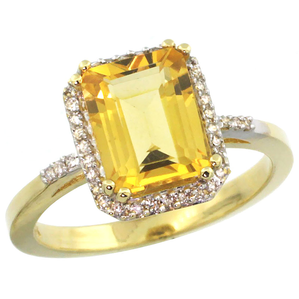 10K Yellow Gold Diamond Natural Citrine Ring Emerald-cut 9x7mm, sizes 5-10