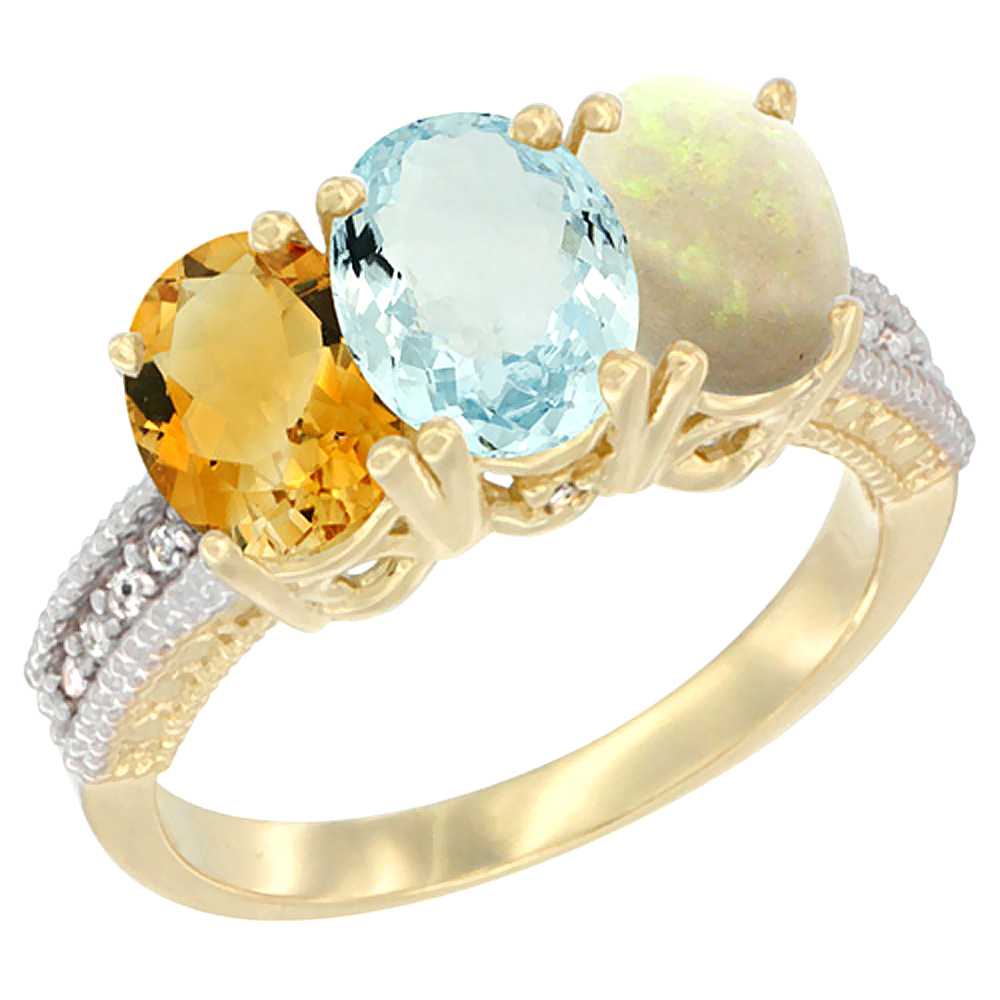 14K Yellow Gold Natural Citrine, Aquamarine &amp; Opal Ring 3-Stone 7x5 mm Oval Diamond Accent, sizes 5 - 10