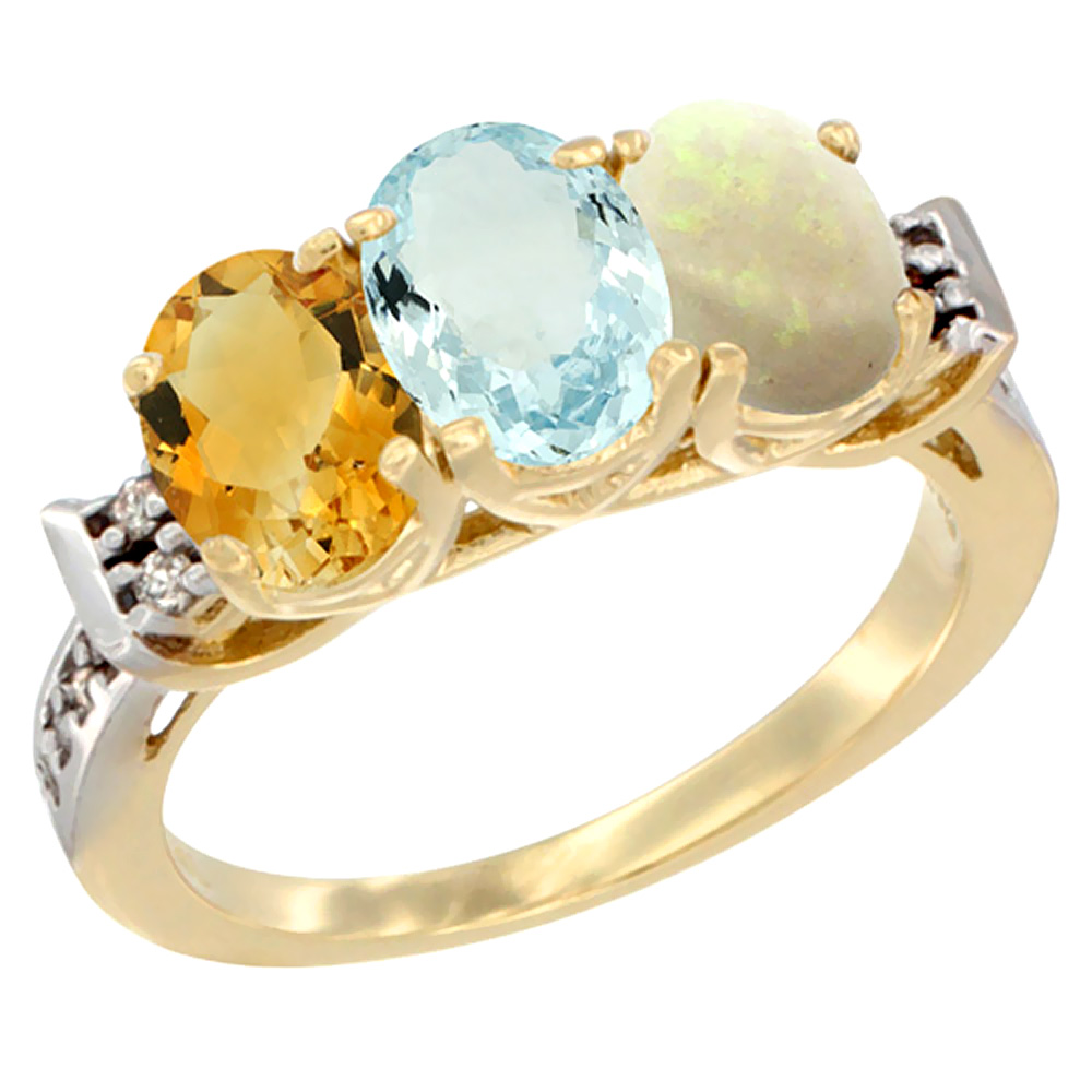 14K Yellow Gold Natural Citrine, Aquamarine & Opal Ring 3-Stone 7x5 mm Oval Diamond Accent, sizes 5 - 10