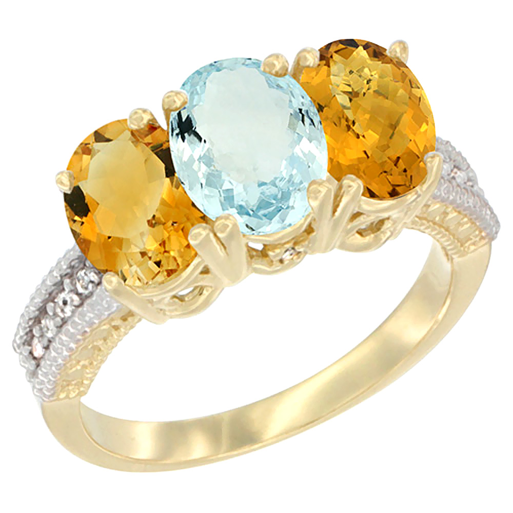 14K Yellow Gold Natural Citrine, Aquamarine &amp; Whisky Quartz Ring 3-Stone 7x5 mm Oval Diamond Accent, sizes 5 - 10