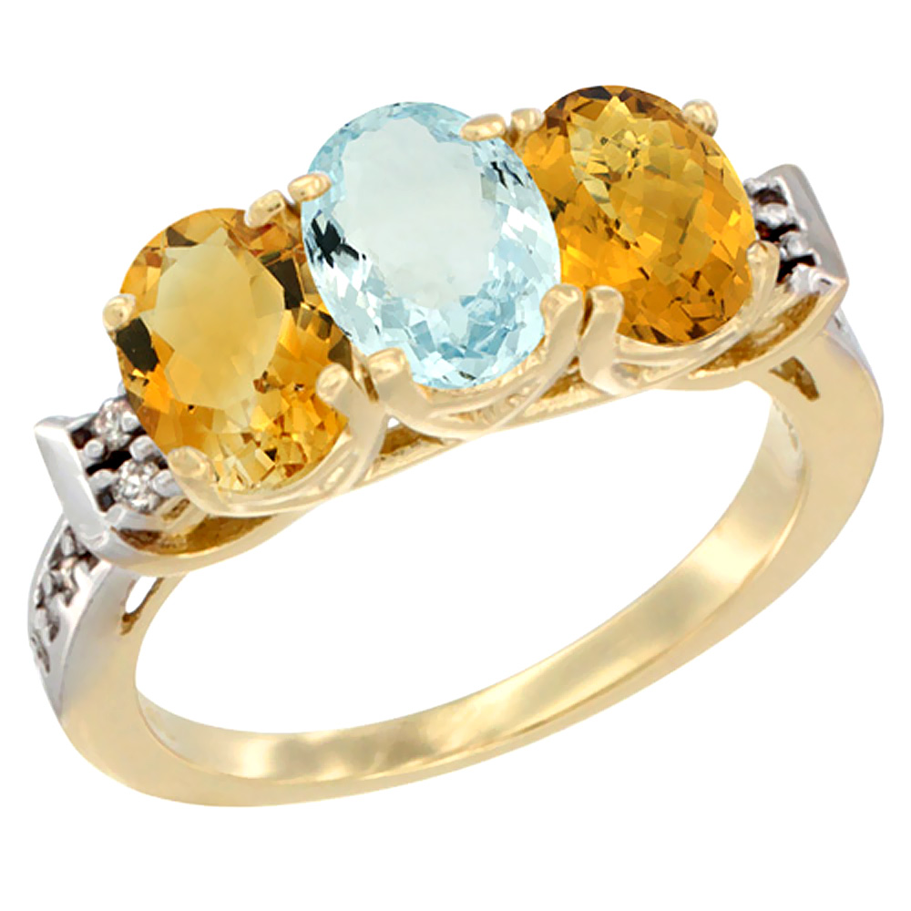 14K Yellow Gold Natural Citrine, Aquamarine & Whisky Quartz Ring 3-Stone 7x5 mm Oval Diamond Accent, sizes 5 - 10