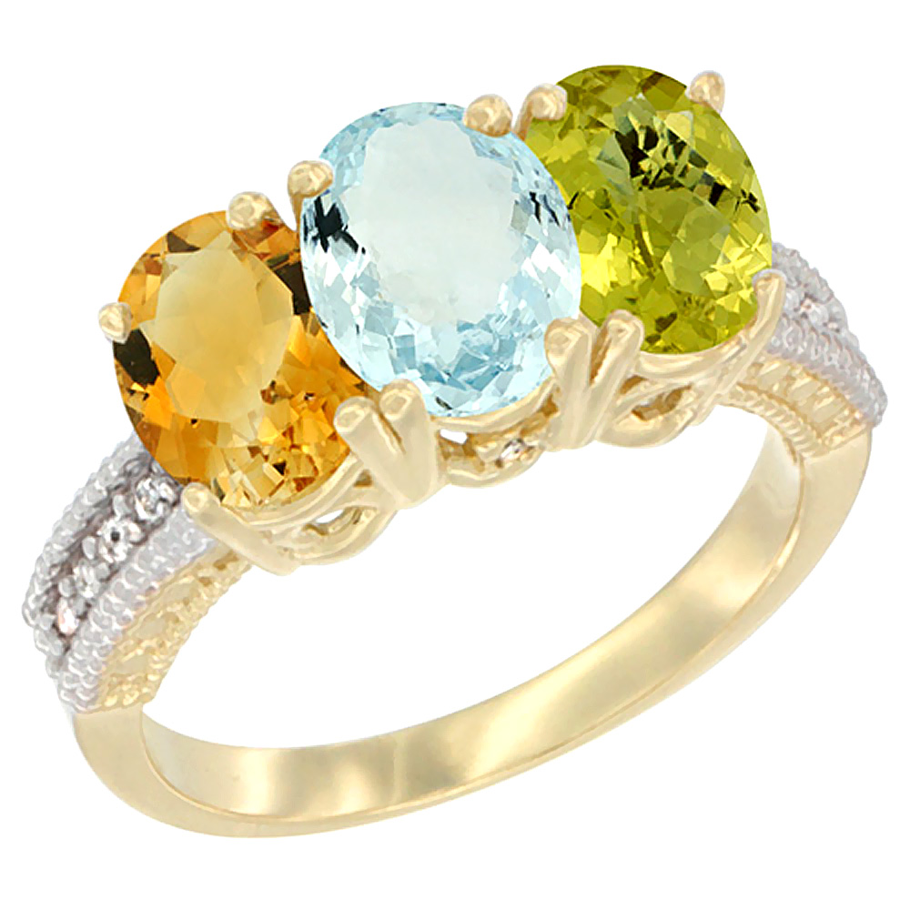 14K Yellow Gold Natural Citrine, Aquamarine & Lemon Quartz Ring 3-Stone 7x5 mm Oval Diamond Accent, sizes 5 - 10