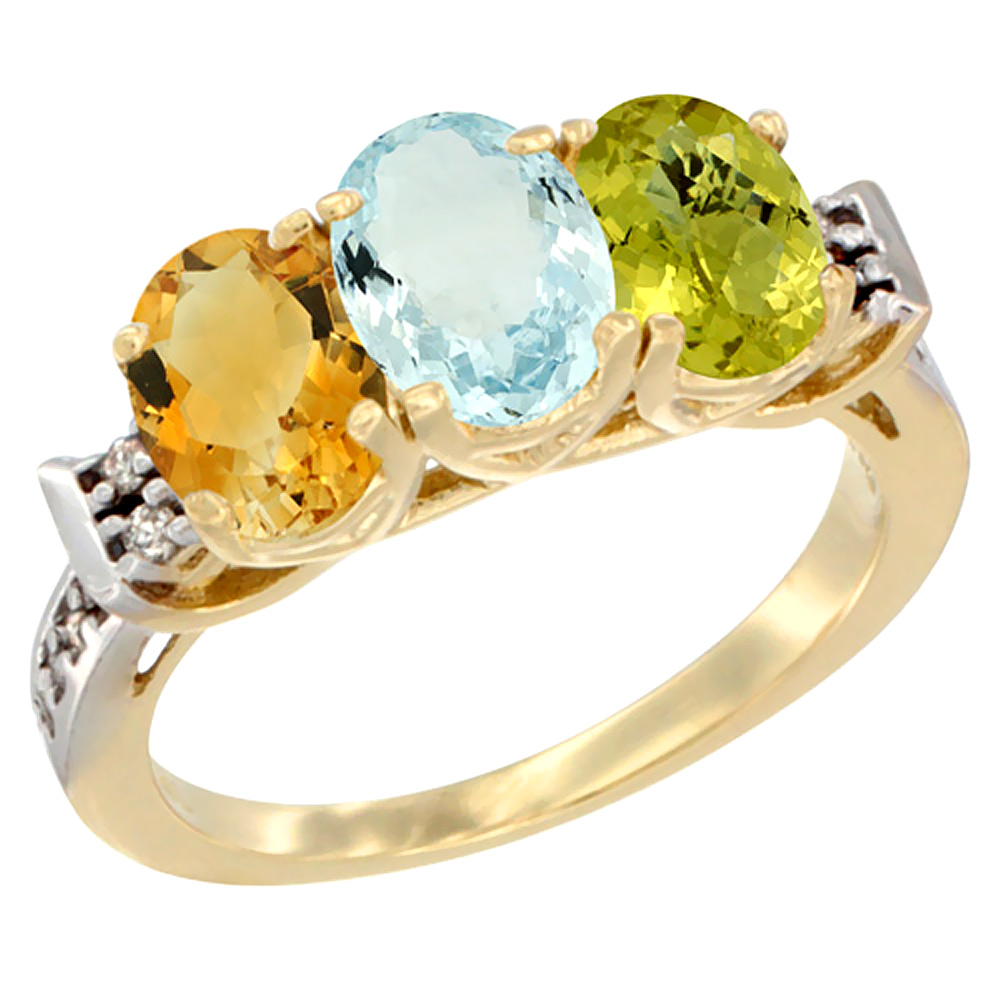 14K Yellow Gold Natural Citrine, Aquamarine &amp; Lemon Quartz Ring 3-Stone 7x5 mm Oval Diamond Accent, sizes 5 - 10