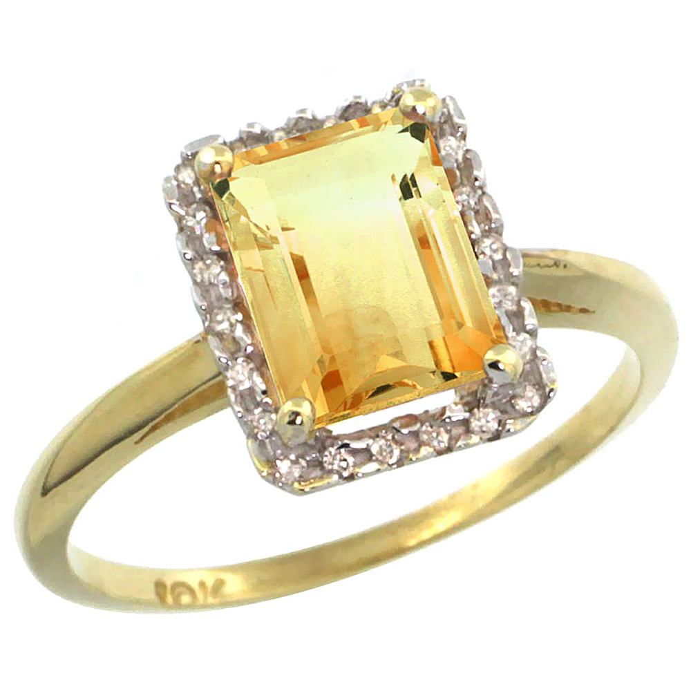 10K Yellow Gold Diamond Natural Citrine Ring Emerald-cut 8x6mm, sizes 5-10