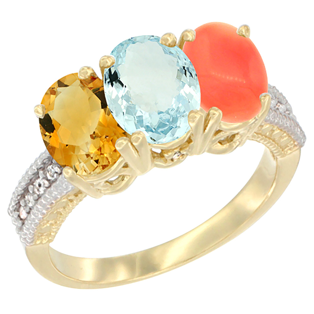 10K Yellow Gold Diamond Natural Citrine, Aquamarine & Coral Ring 3-Stone 7x5 mm Oval, sizes 5 - 10