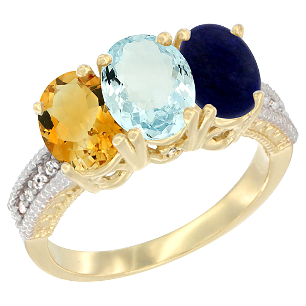 14K Yellow Gold Natural Citrine, Aquamarine & Lapis Ring 3-Stone 7x5 mm Oval Diamond Accent, sizes 5 - 10