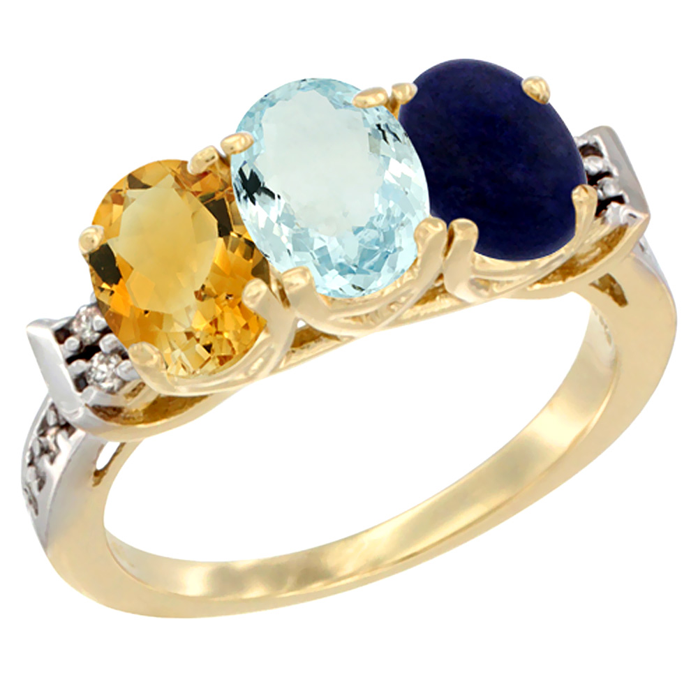 10K Yellow Gold Natural Citrine, Aquamarine & Lapis Ring 3-Stone Oval 7x5 mm Diamond Accent, sizes 5 - 10