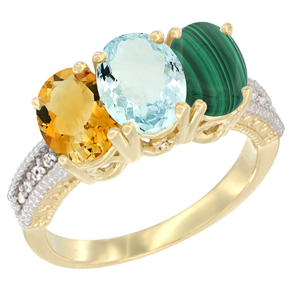 14K Yellow Gold Natural Citrine, Aquamarine & Malachite Ring 3-Stone 7x5 mm Oval Diamond Accent, sizes 5 - 10