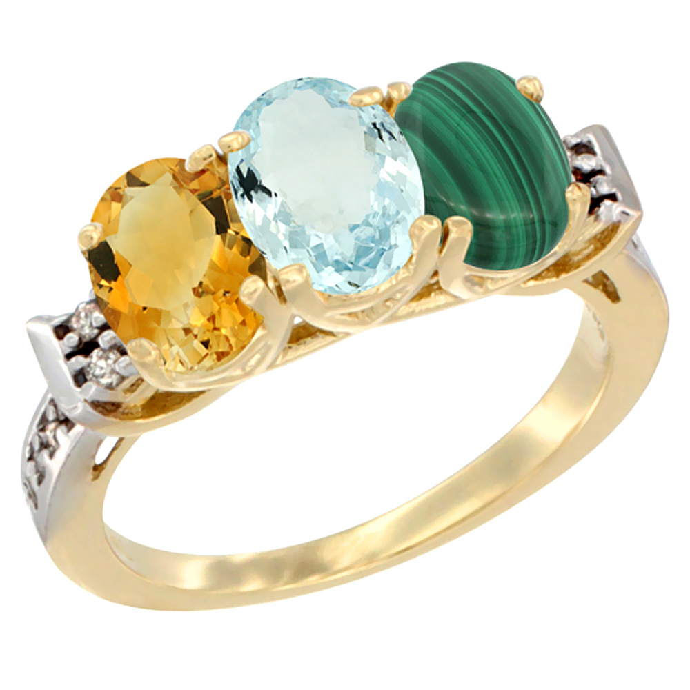 10K Yellow Gold Natural Citrine, Aquamarine & Malachite Ring 3-Stone Oval 7x5 mm Diamond Accent, sizes 5 - 10