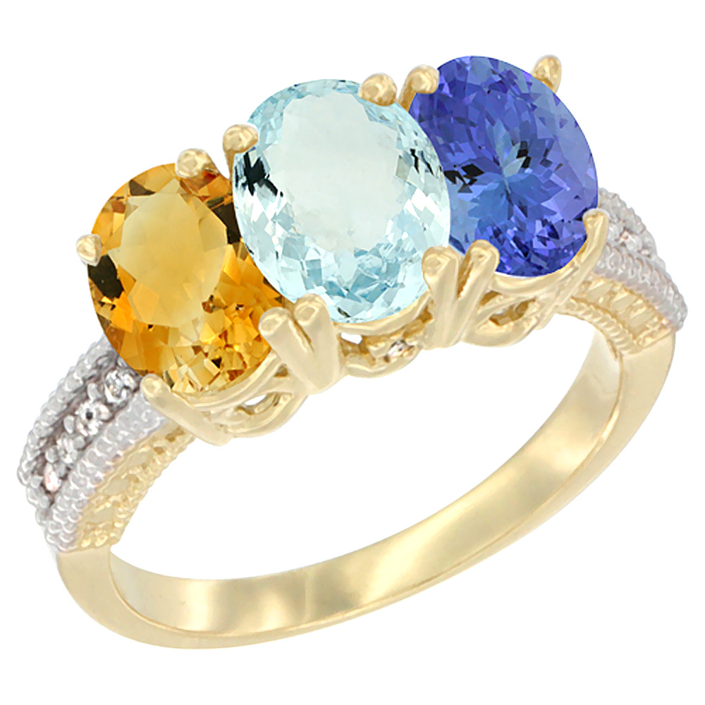 10K Yellow Gold Diamond Natural Citrine, Aquamarine & Tanzanite Ring 3-Stone 7x5 mm Oval, sizes 5 - 10