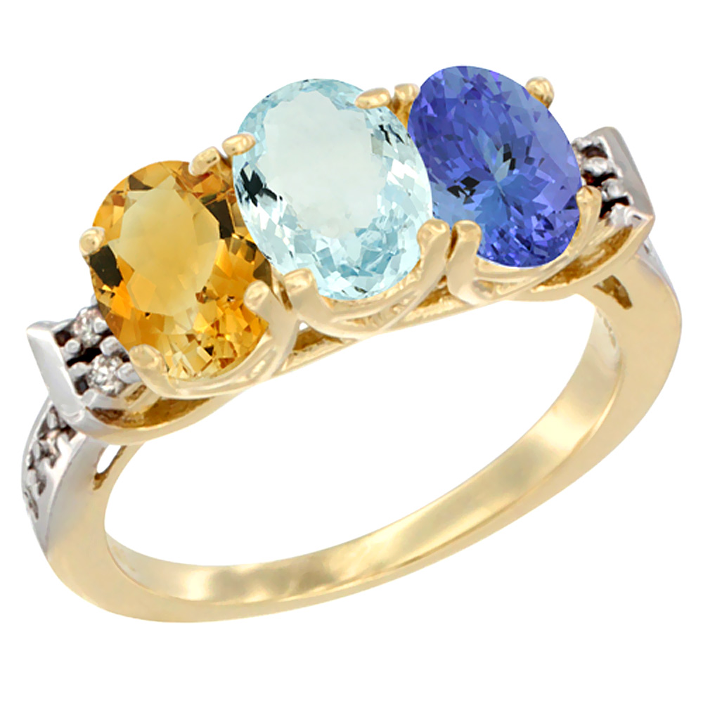 14K Yellow Gold Natural Citrine, Aquamarine & Tanzanite Ring 3-Stone 7x5 mm Oval Diamond Accent, sizes 5 - 10