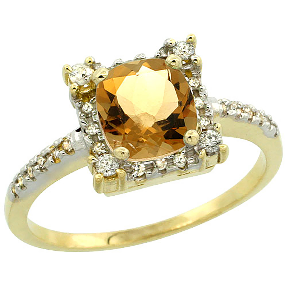 14K Yellow Gold Natural Citrine Ring Cushion-cut 6x6mm Diamond Halo, sizes 5-10