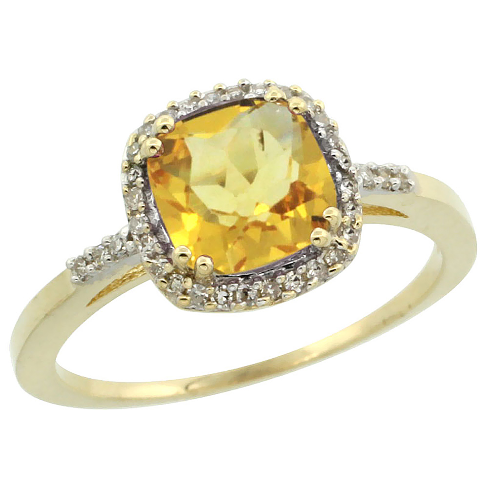 10K Yellow Gold Diamond Natural Citrine Ring Cushion-cut 7x7mm, sizes 5-10