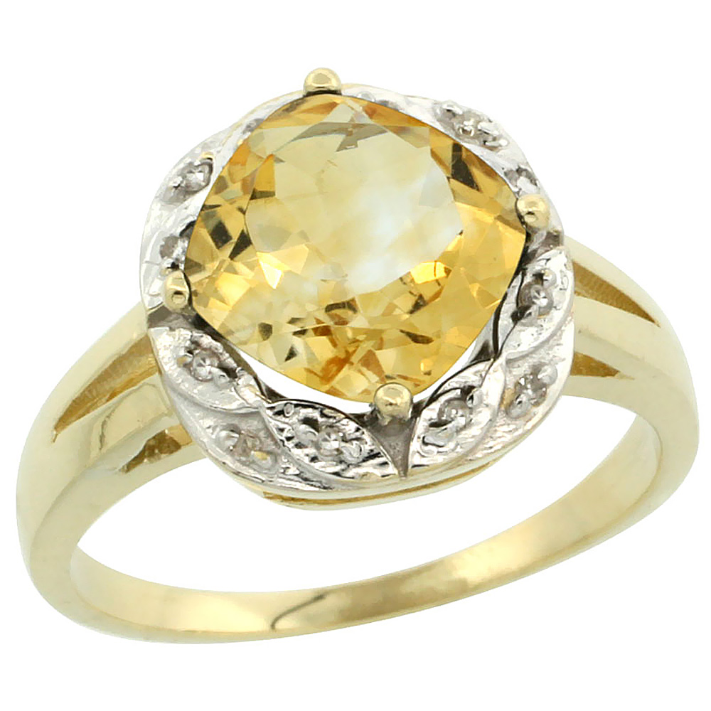 10k Yellow Gold Natural Citrine Ring Cushion-cut 8x8mm Diamond Halo, sizes 5-10