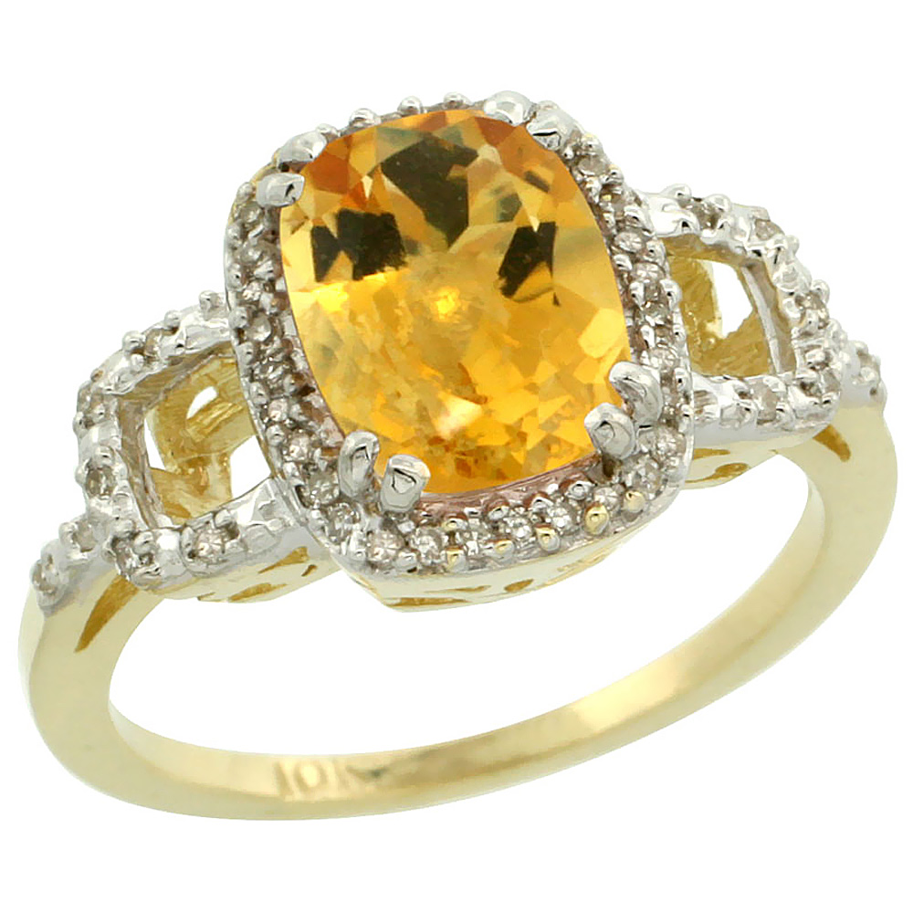 10K Yellow Gold Diamond Natural Citrine Ring Cushion-cut 9x7mm, sizes 5-10