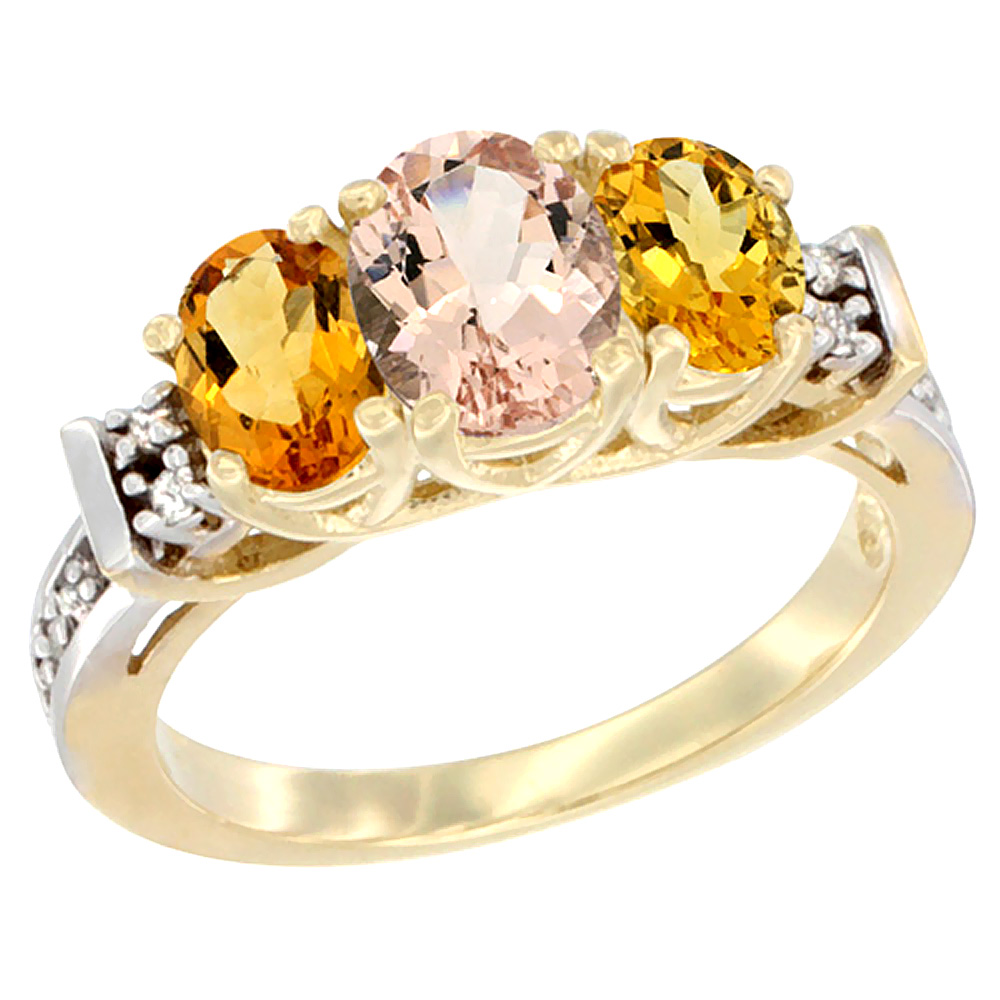 14K Yellow Gold Natural Morganite &amp; Citrine Ring 3-Stone Oval Diamond Accent