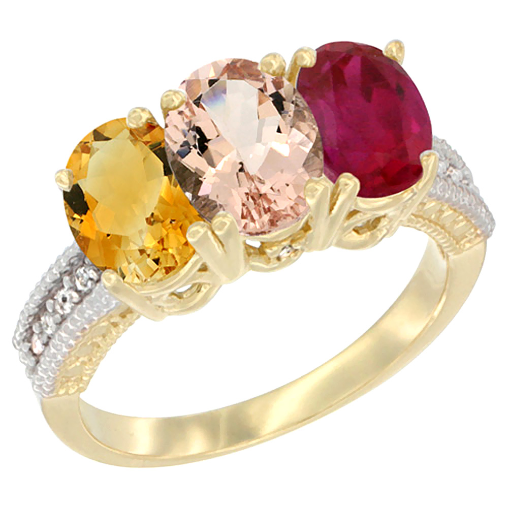 10K Yellow Gold Diamond Natural Citrine, Morganite & Enhanced Ruby Ring 3-Stone 7x5 mm Oval, sizes 5 - 10