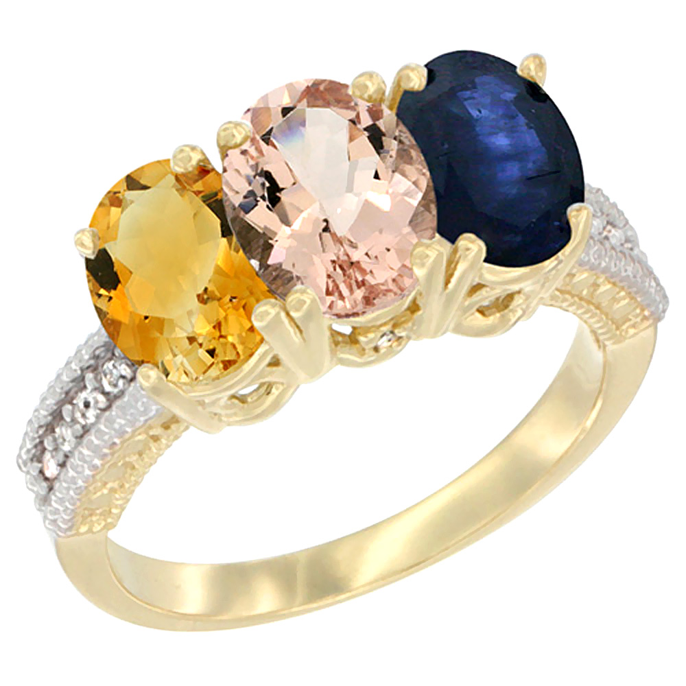 14K Yellow Gold Natural Citrine, Morganite & Blue Sapphire Ring 3-Stone 7x5 mm Oval Diamond Accent, sizes 5 - 10