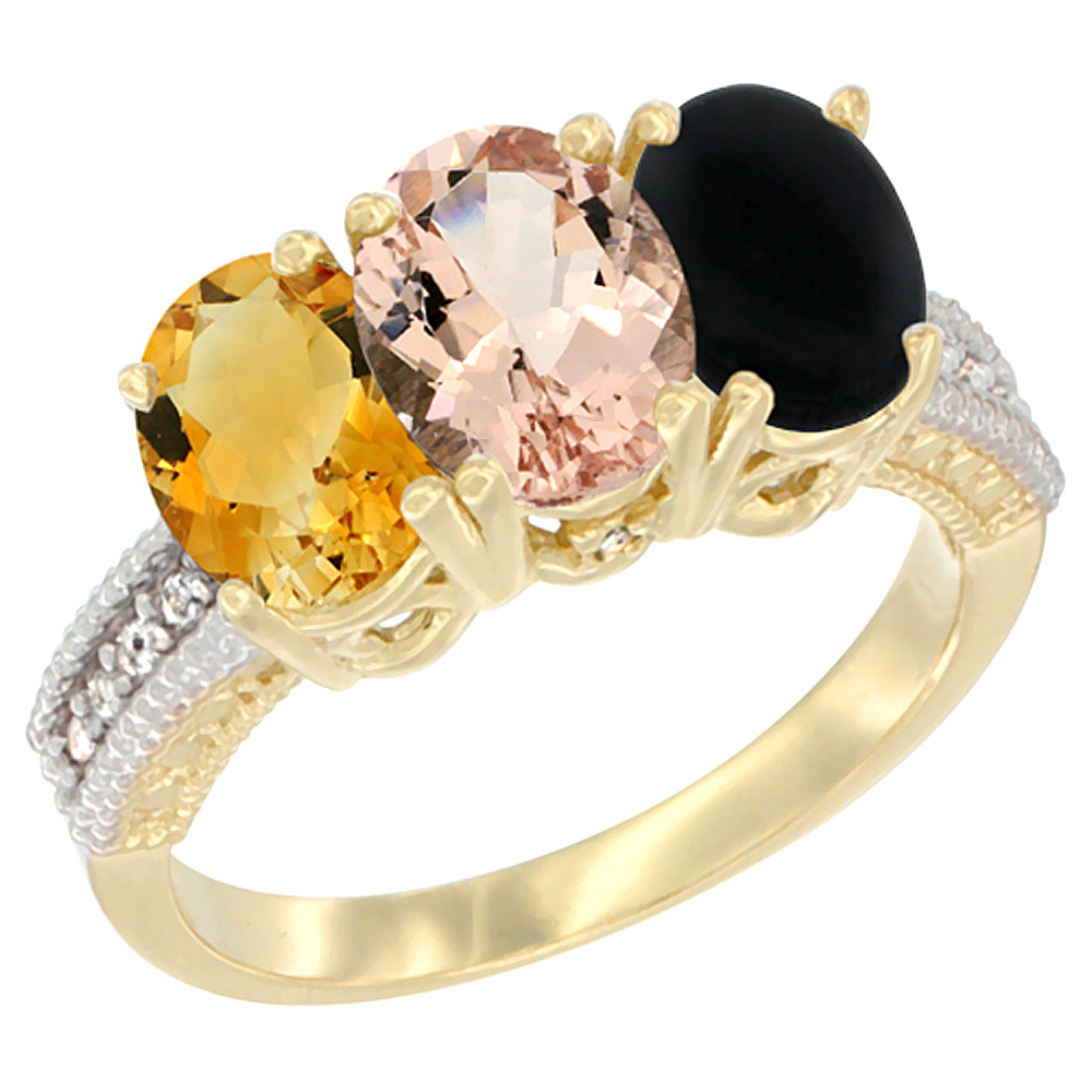 10K Yellow Gold Diamond Natural Citrine, Morganite &amp; Black Onyx Ring 3-Stone 7x5 mm Oval, sizes 5 - 10