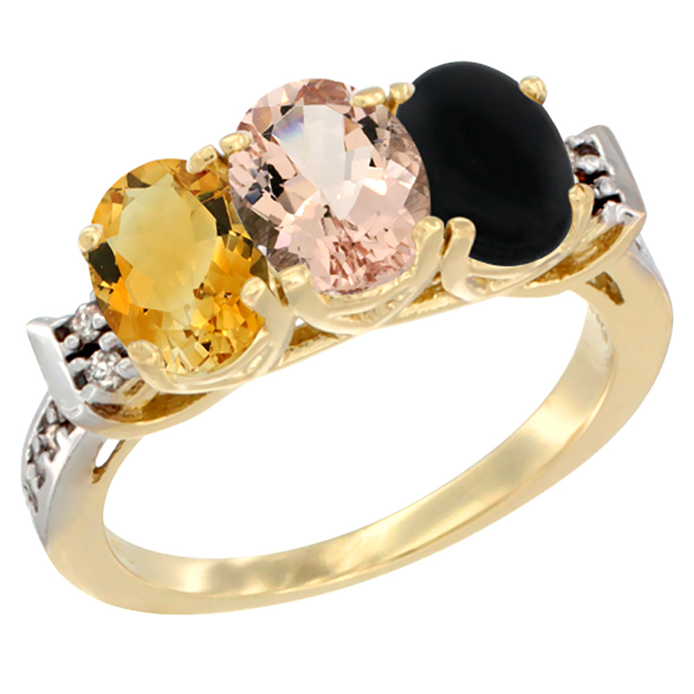 14K Yellow Gold Natural Citrine, Morganite &amp; Black Onyx Ring 3-Stone 7x5 mm Oval Diamond Accent, sizes 5 - 10