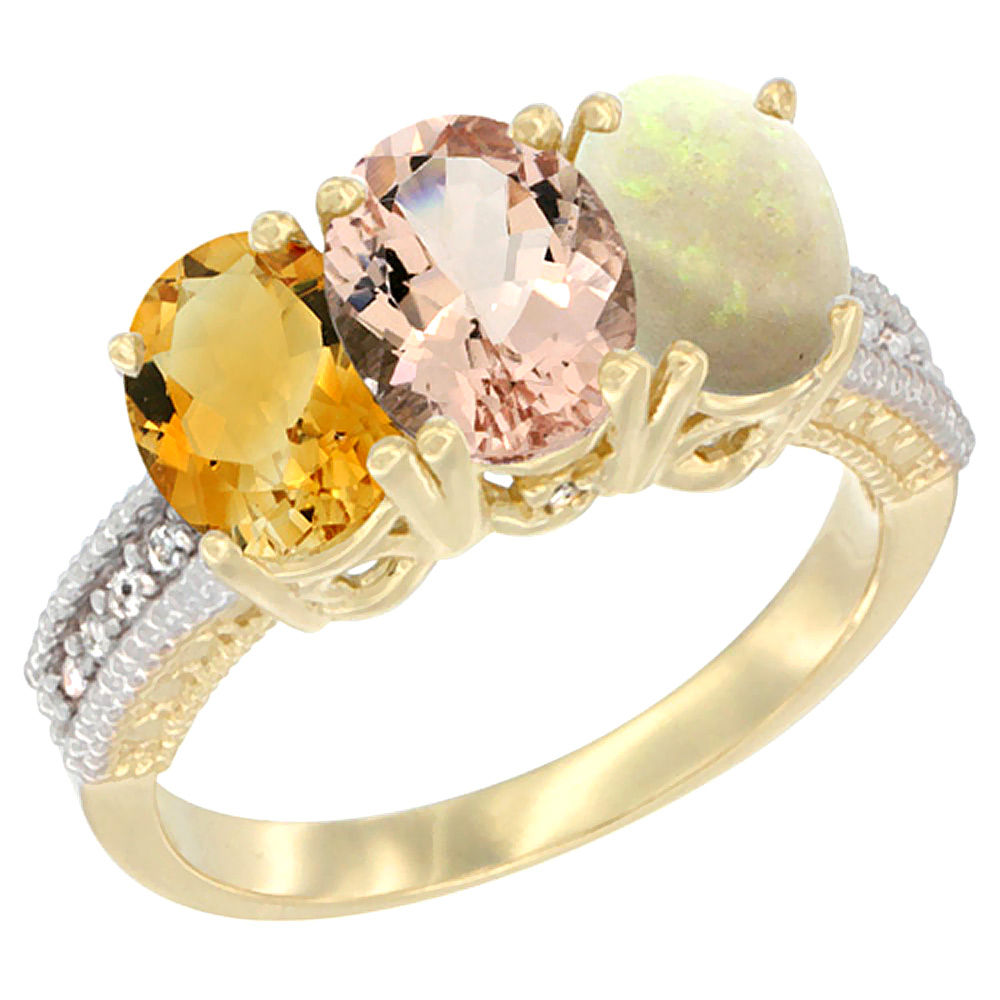 14K Yellow Gold Natural Citrine, Morganite &amp; Opal Ring 3-Stone 7x5 mm Oval Diamond Accent, sizes 5 - 10