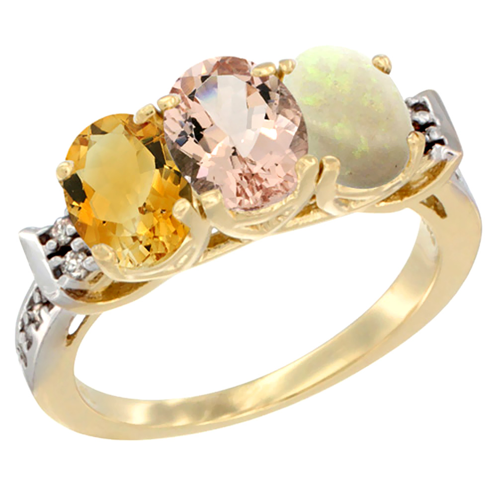 14K Yellow Gold Natural Citrine, Morganite & Opal Ring 3-Stone 7x5 mm Oval Diamond Accent, sizes 5 - 10