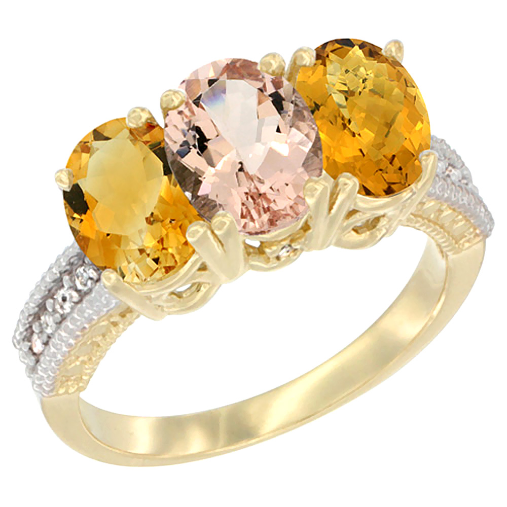 10K Yellow Gold Diamond Natural Citrine, Morganite & Whisky Quartz Ring 3-Stone 7x5 mm Oval, sizes 5 - 10