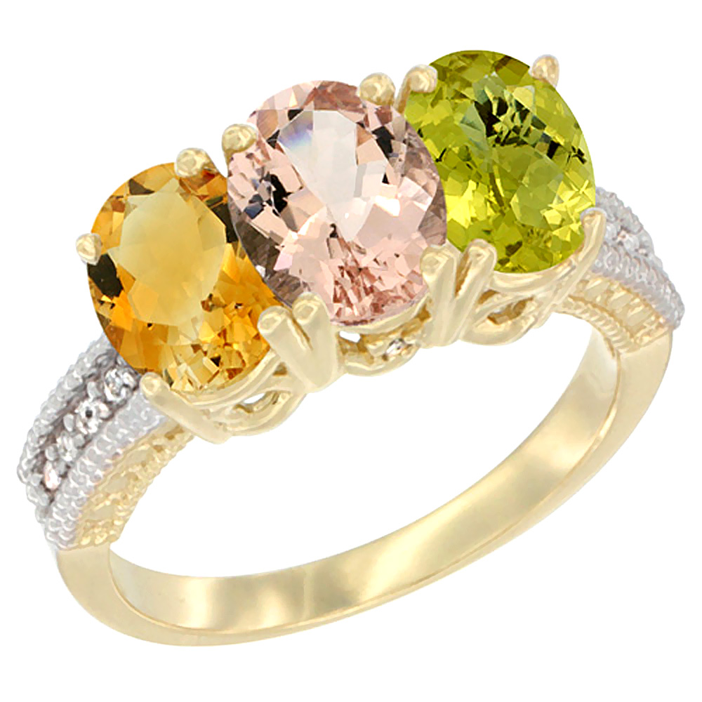 10K Yellow Gold Diamond Natural Citrine, Morganite & Lemon Quartz Ring 3-Stone 7x5 mm Oval, sizes 5 - 10