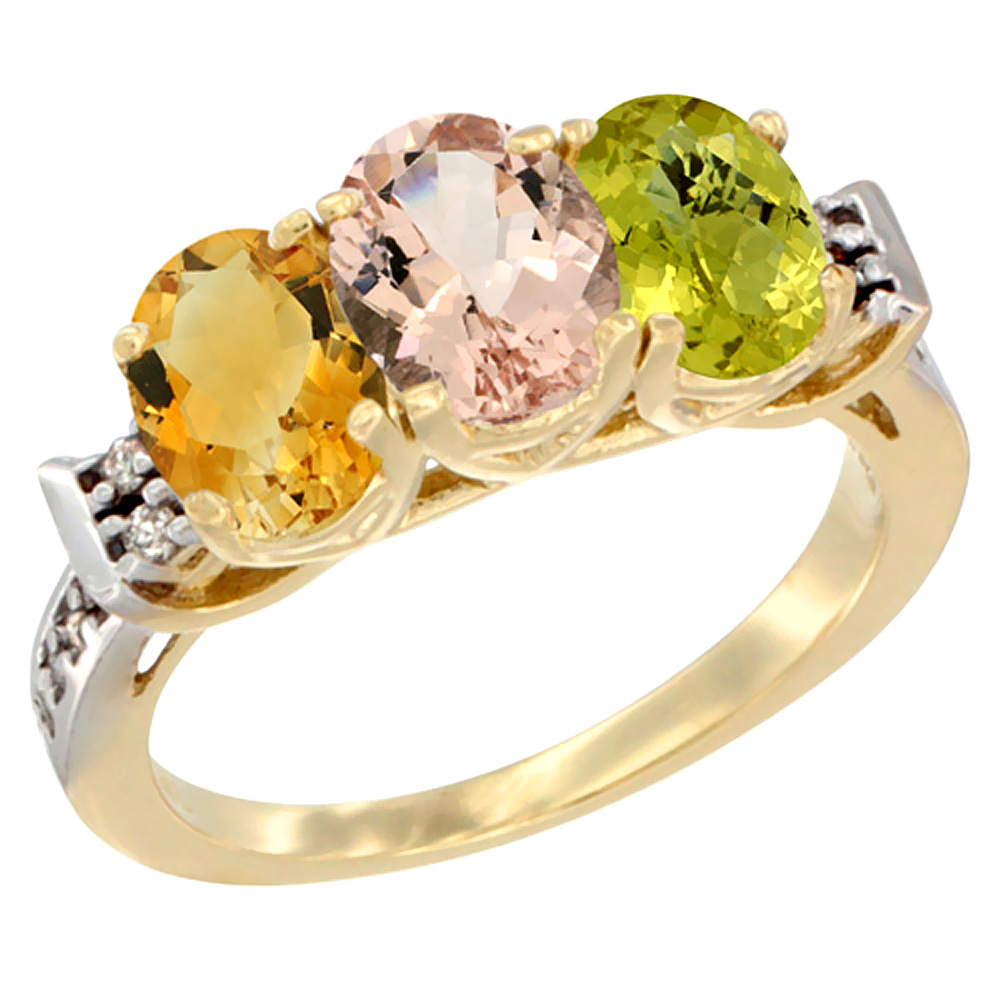 10K Yellow Gold Natural Citrine, Morganite & Lemon Quartz Ring 3-Stone Oval 7x5 mm Diamond Accent, sizes 5 - 10