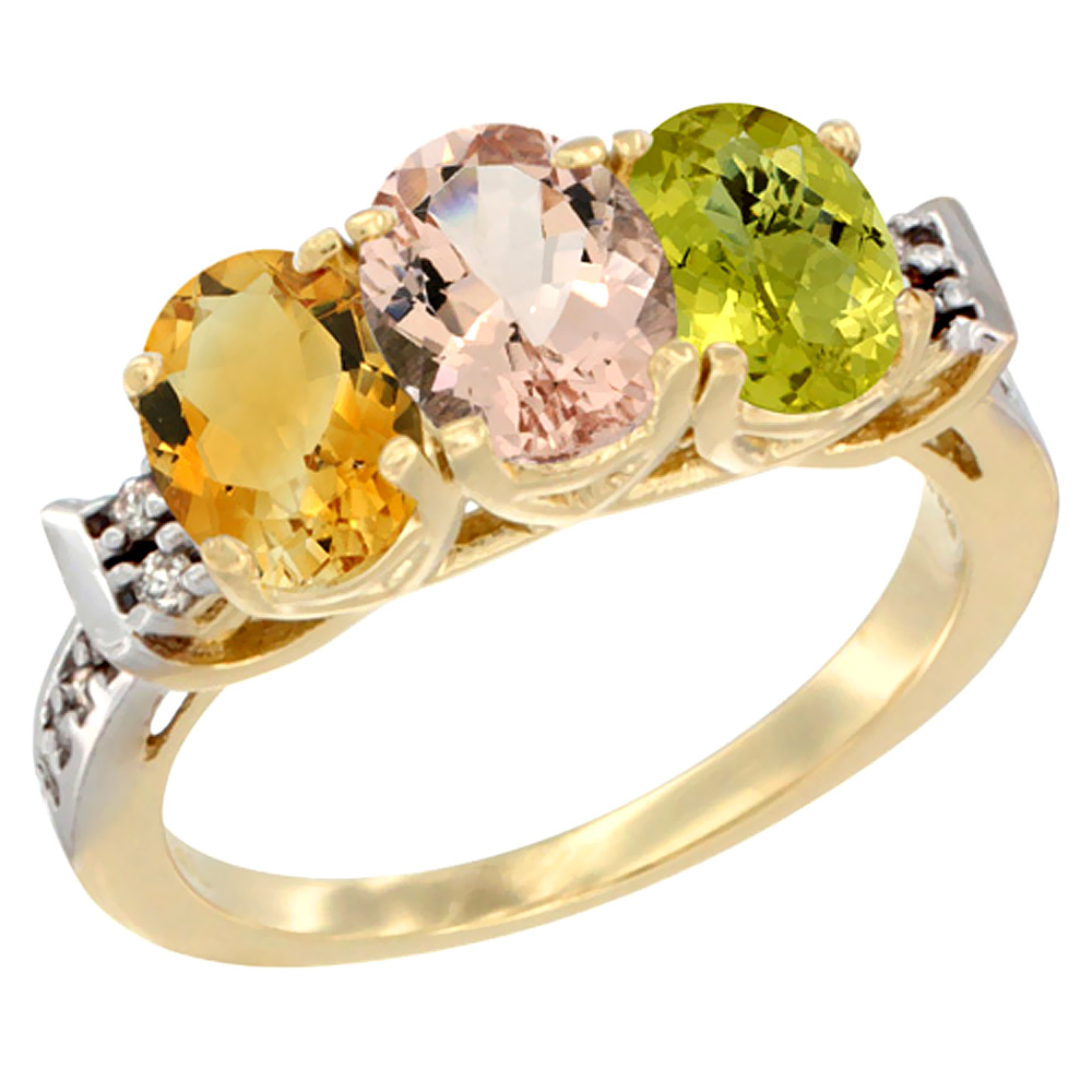 14K Yellow Gold Natural Citrine, Morganite & Lemon Quartz Ring 3-Stone 7x5 mm Oval Diamond Accent, sizes 5 - 10