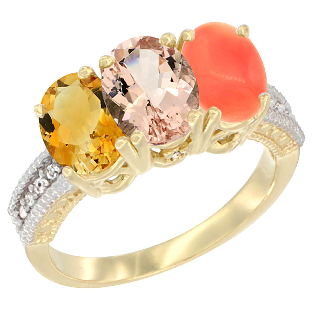 14K Yellow Gold Natural Citrine, Morganite &amp; Coral Ring 3-Stone 7x5 mm Oval Diamond Accent, sizes 5 - 10