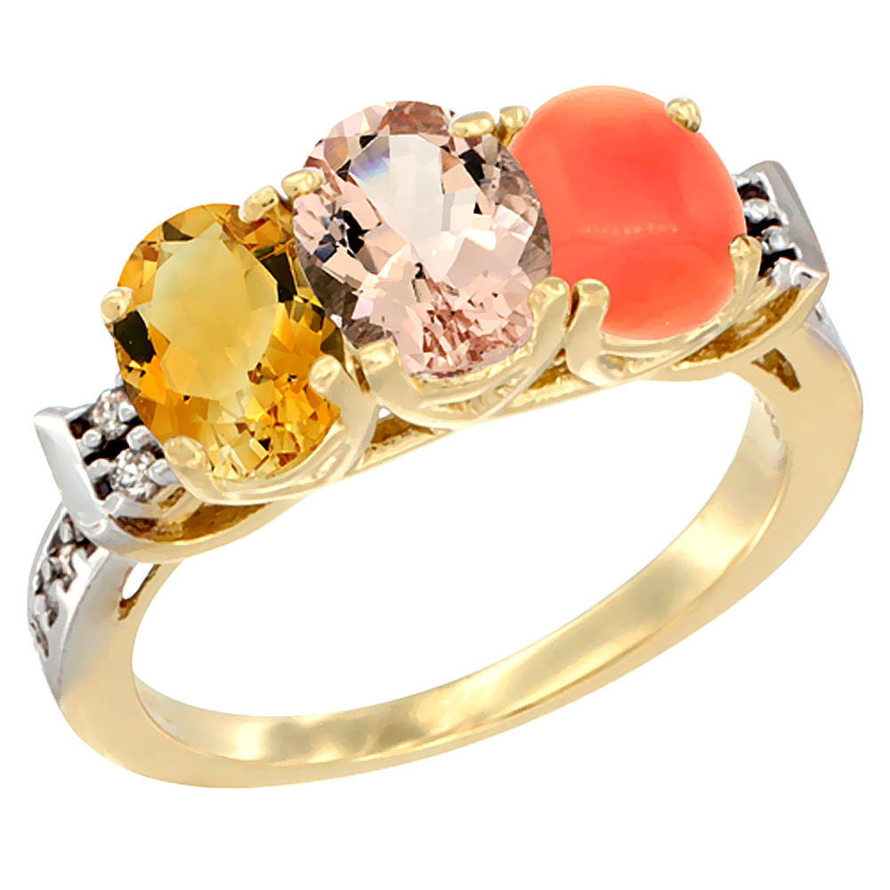 14K Yellow Gold Natural Citrine, Morganite & Coral Ring 3-Stone 7x5 mm Oval Diamond Accent, sizes 5 - 10