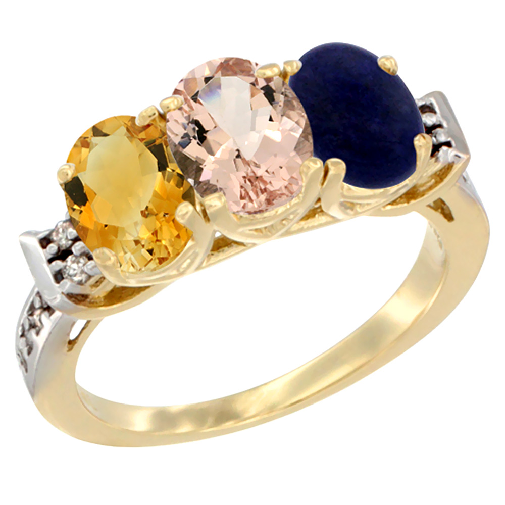 14K Yellow Gold Natural Citrine, Morganite & Lapis Ring 3-Stone 7x5 mm Oval Diamond Accent, sizes 5 - 10