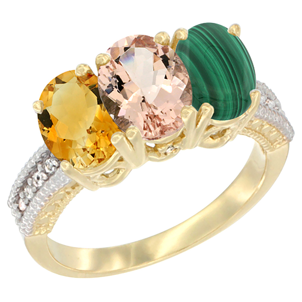 14K Yellow Gold Natural Citrine, Morganite &amp; Malachite Ring 3-Stone 7x5 mm Oval Diamond Accent, sizes 5 - 10