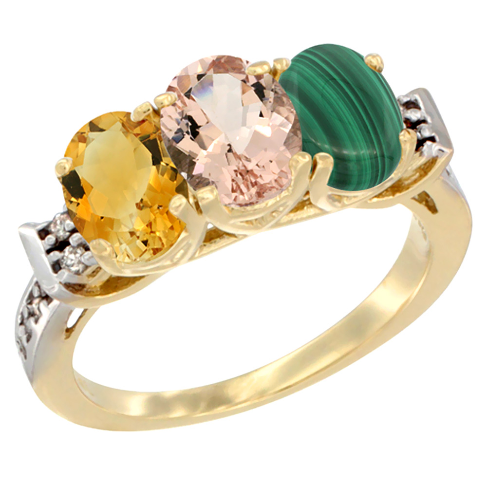 14K Yellow Gold Natural Citrine, Morganite &amp; Malachite Ring 3-Stone 7x5 mm Oval Diamond Accent, sizes 5 - 10