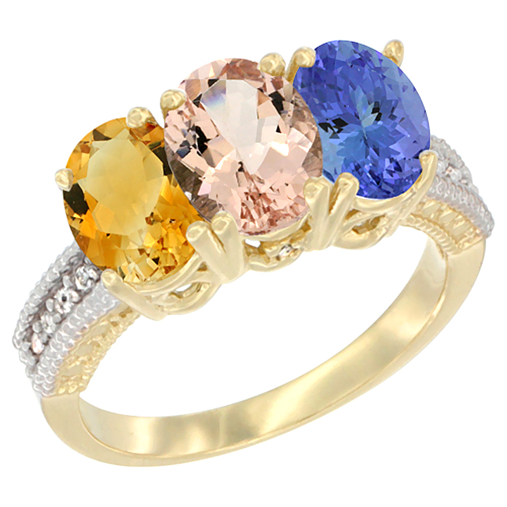 14K Yellow Gold Natural Citrine, Morganite & Tanzanite Ring 3-Stone 7x5 mm Oval Diamond Accent, sizes 5 - 10