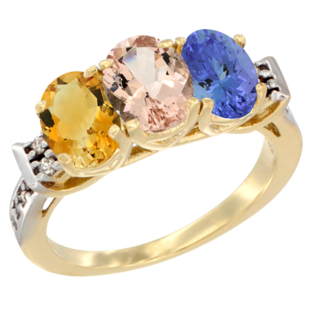 14K Yellow Gold Natural Citrine, Morganite &amp; Tanzanite Ring 3-Stone 7x5 mm Oval Diamond Accent, sizes 5 - 10