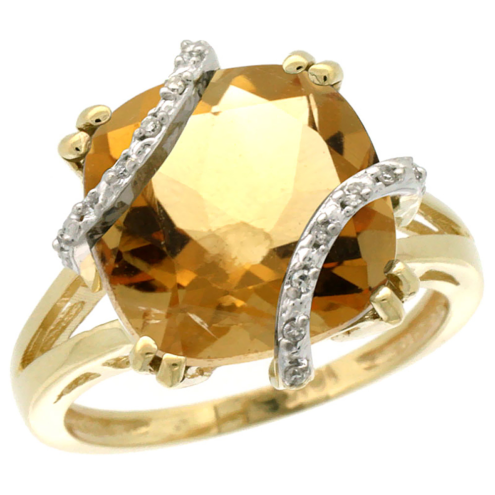 10k Yellow Gold Natural Citrine Ring Cushion-cut 12x12mm Diamond Accent, sizes 5-10