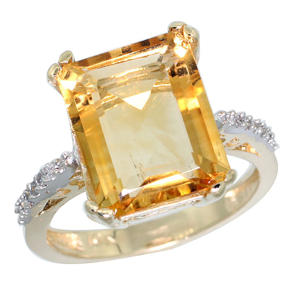 10K Yellow Gold Diamond Natural Citrine Ring Emerald-cut 12x10mm, sizes 5-10