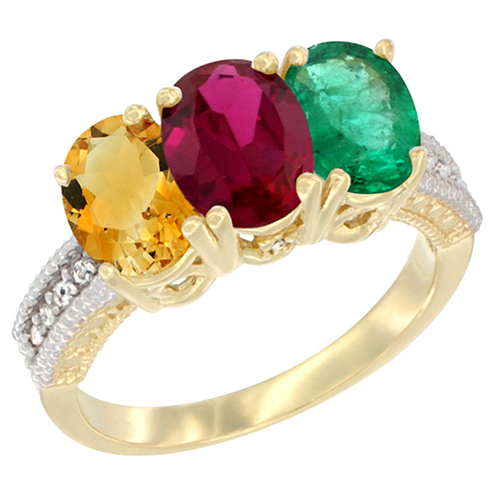 14K Yellow Gold Natural Citrine, Enhanced Ruby & Natural Emerald Ring 3-Stone 7x5 mm Oval Diamond Accent, sizes 5 - 10