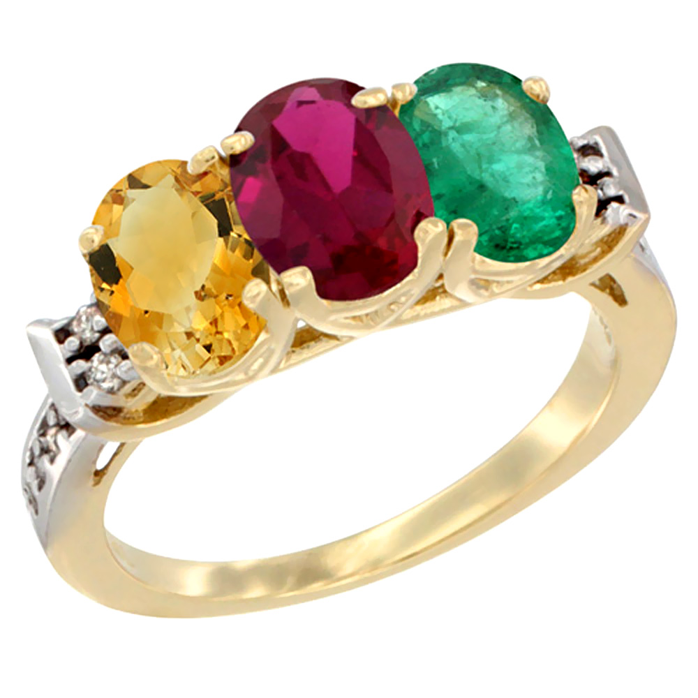 14K Yellow Gold Natural Citrine, Enhanced Ruby &amp; Natural Emerald Ring 3-Stone 7x5 mm Oval Diamond Accent, sizes 5 - 10