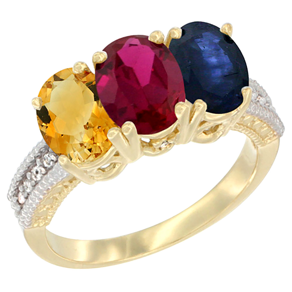 14K Yellow Gold Natural Citrine, Enhanced Ruby & Natural Blue Sapphire Ring 3-Stone 7x5 mm Oval Diamond Accent, sizes 5 - 10