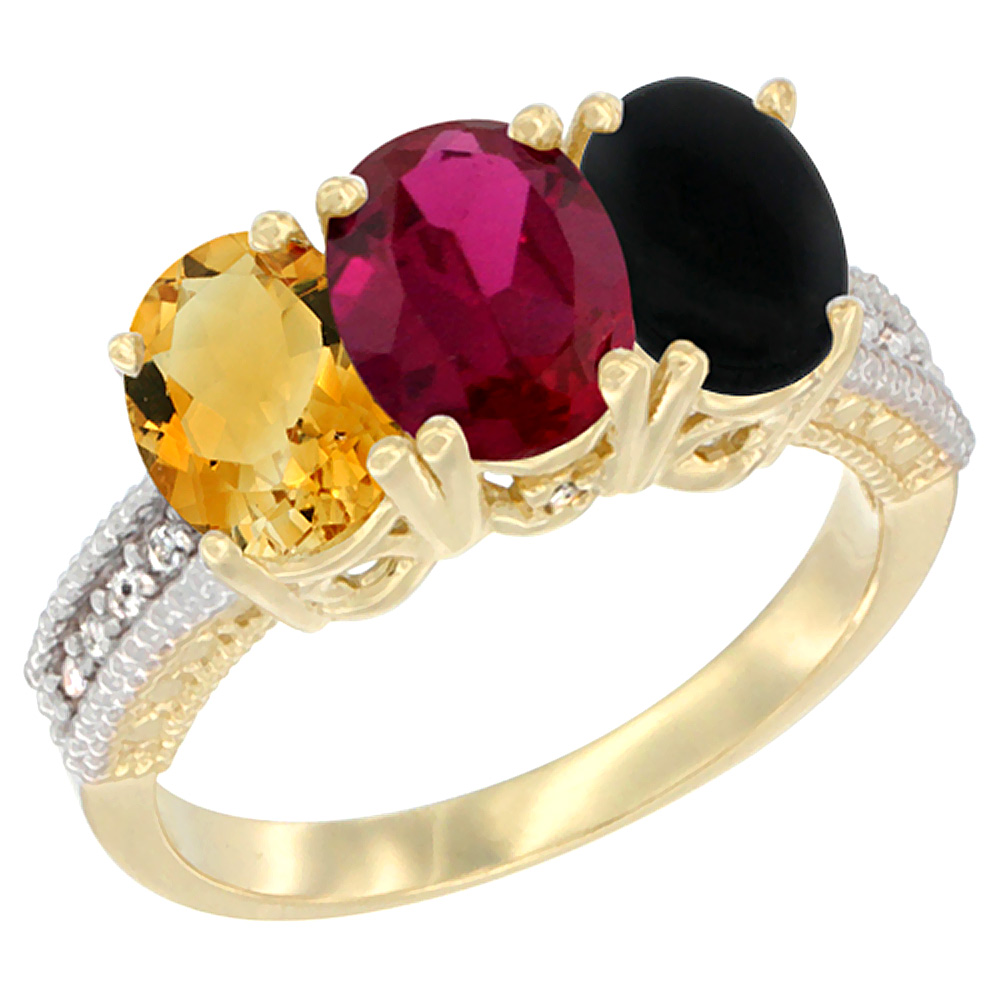 14K Yellow Gold Natural Citrine, Enhanced Ruby &amp; Natural Black Onyx Ring 3-Stone 7x5 mm Oval Diamond Accent, sizes 5 - 10